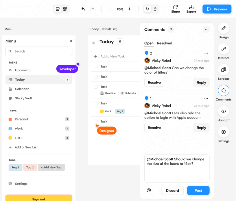 uizard interface showing users interaction with the comments feature