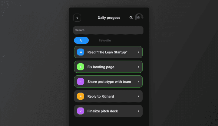 Screenshot of Productivity Mobile App: daily progress screen