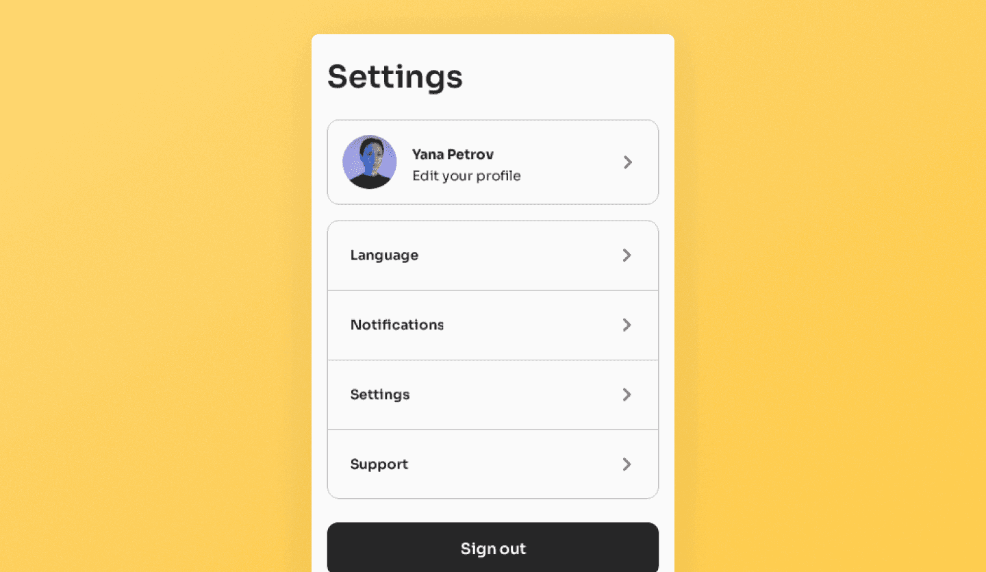 Screenshot of instant messsaging movile app: settings screen