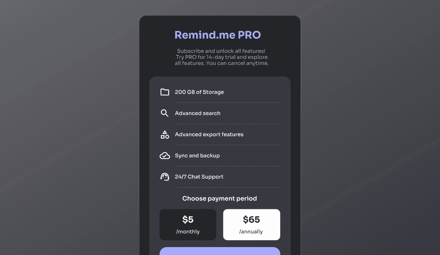 Note taking dark mode app UI design subscription screen