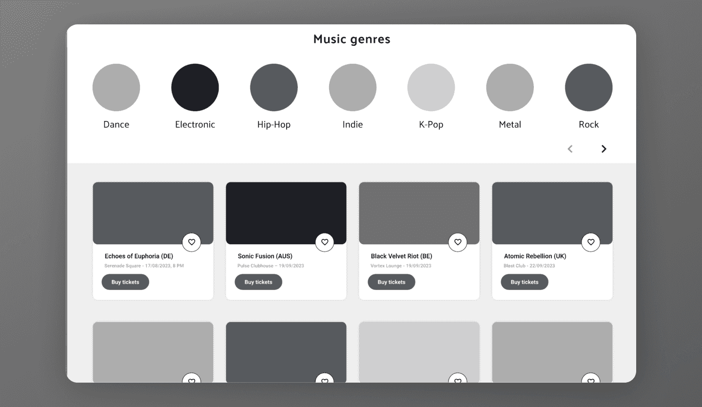 Ticket booking website wireframe design category page