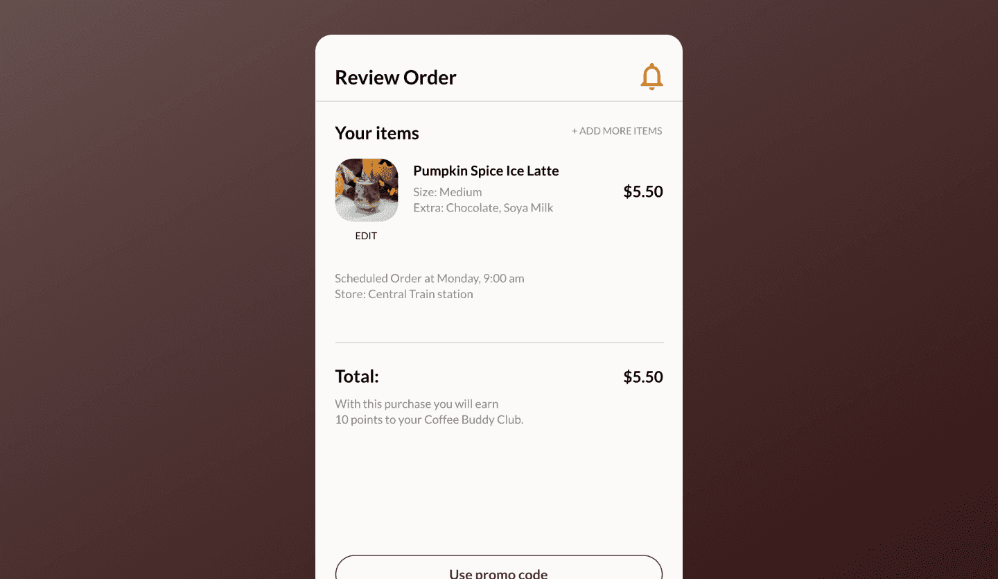 Loyalty reward mobile app order screen template