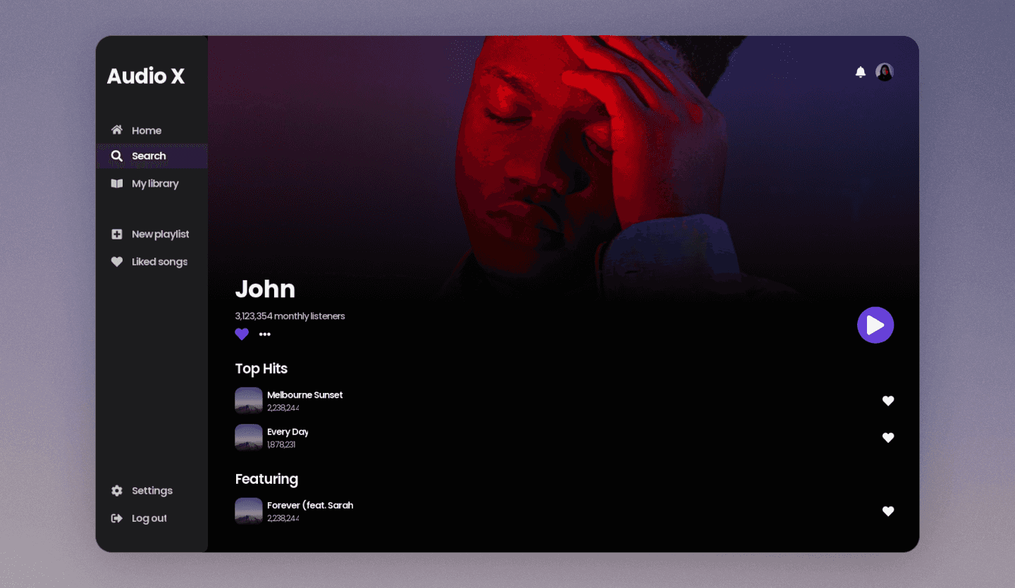 music streaming web app design template artist screen