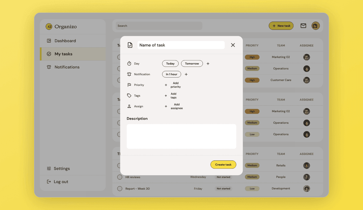 Task management web app UI template task screen