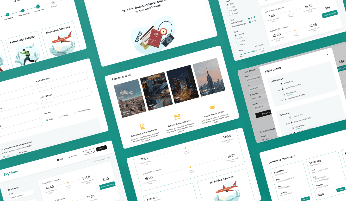 flight booking web app summary screens