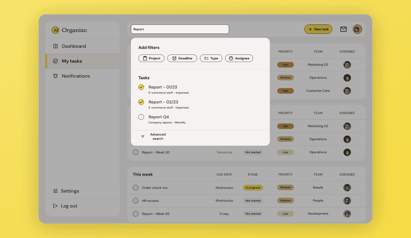 Task management web app UI template task filter screen