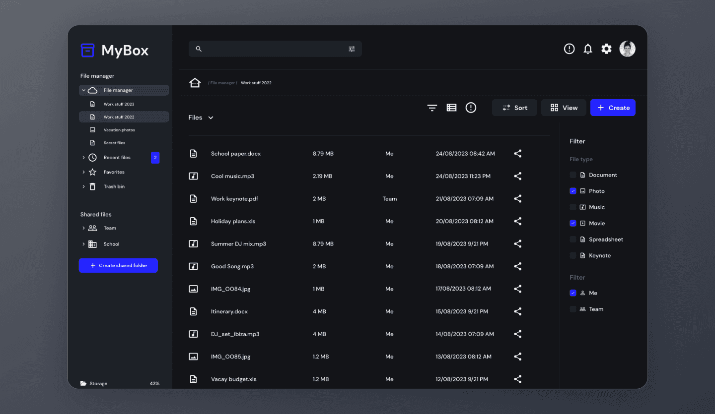 File management dark mode web app template list view screen