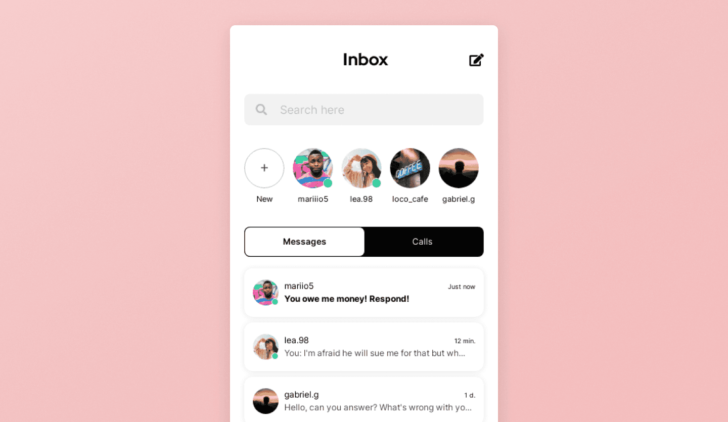 social media app design template inbox screen