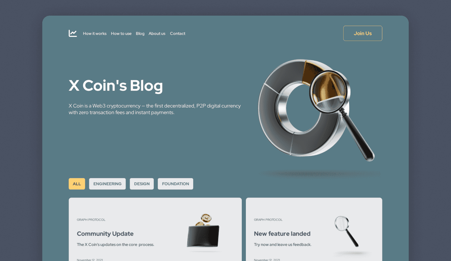 Screenshot of X Coin, a web3 crypto website: blog