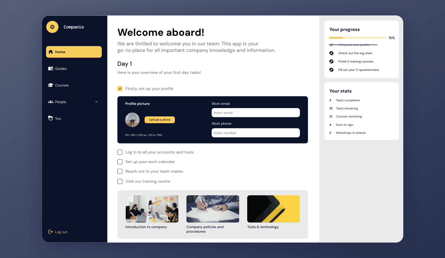 Employee onboarding web app UI design template