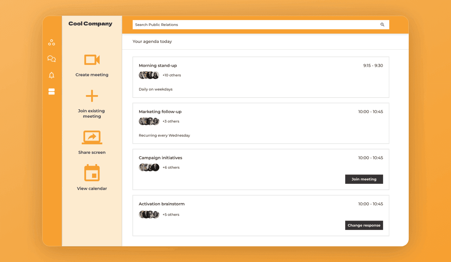 Work messaging light mode web app template meeting screen