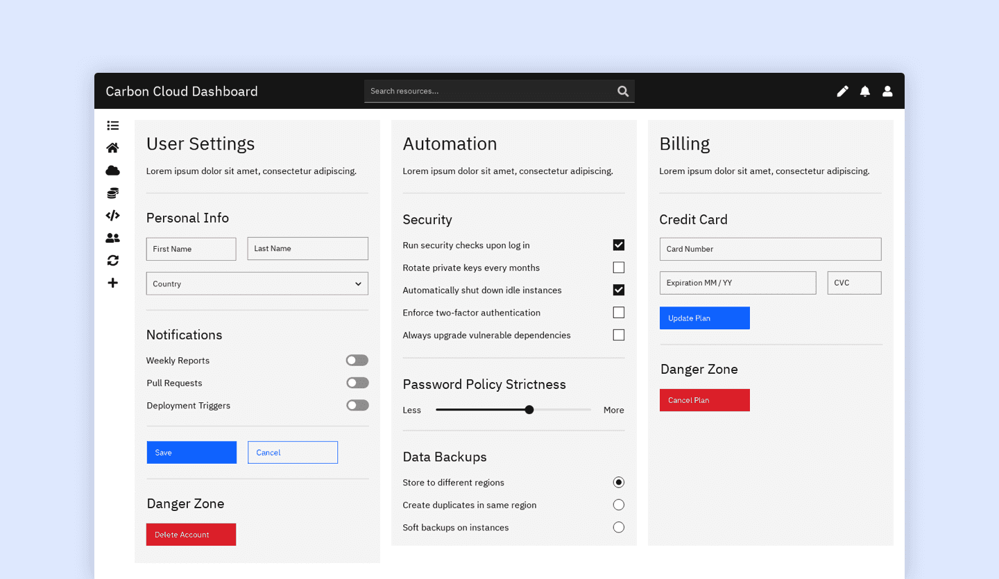 Screenshot of IBM Carbon Cloud Dashboard Web App: settings page