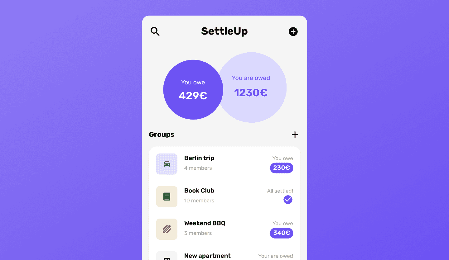 Group expense app UI design home screen