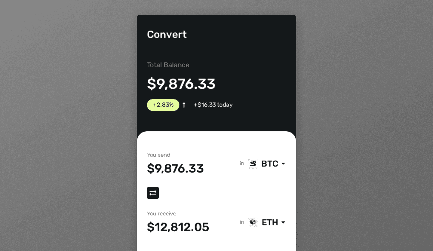 Screenshot of Crypto NFT Mobile App: crypto conversion screen