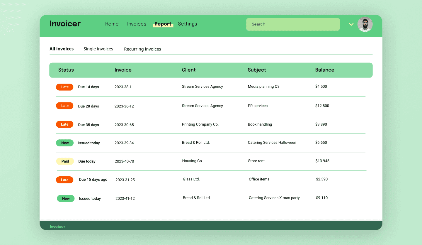 Invoicing web app template list screen