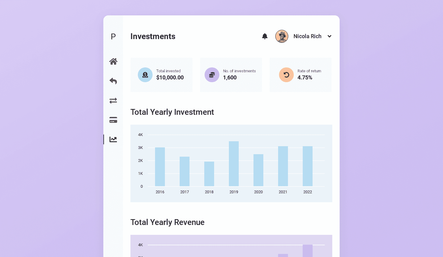 Screenshot of Plutus, a tablet banking app: investment portfolio page