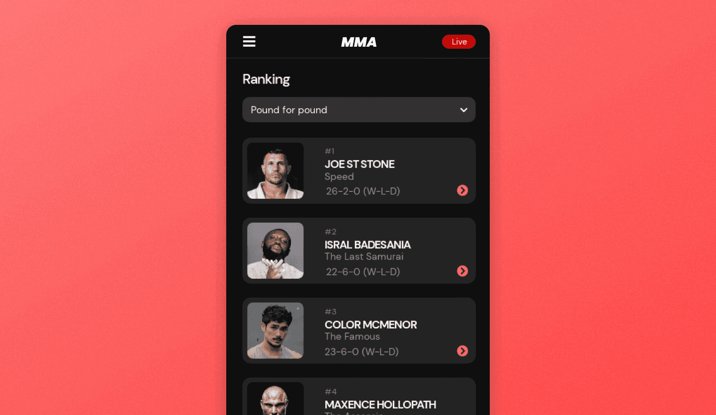 Screenshot of the sporting app template: athletes leaderboard screen