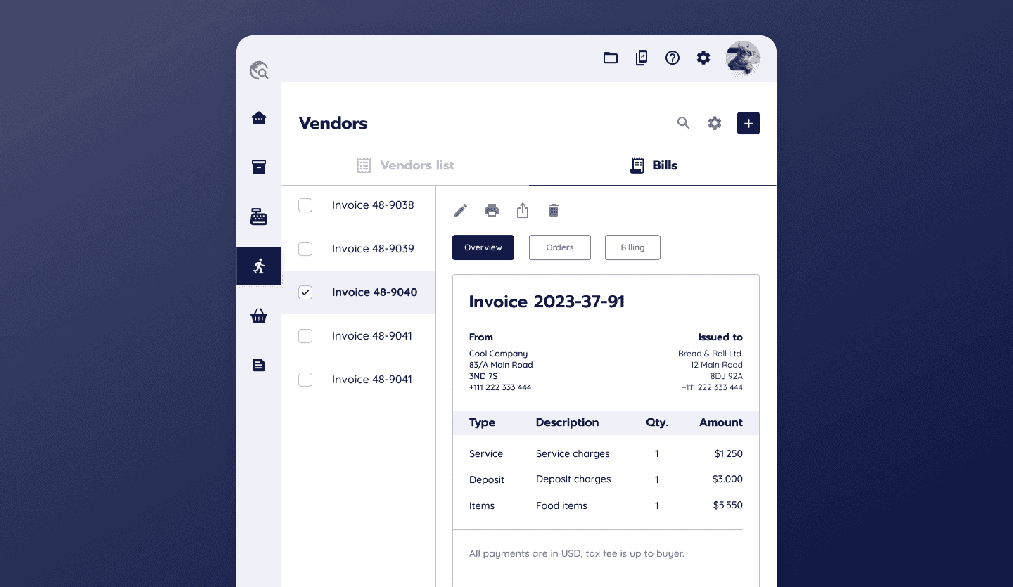 Purchase order management system tablet app design vendors page