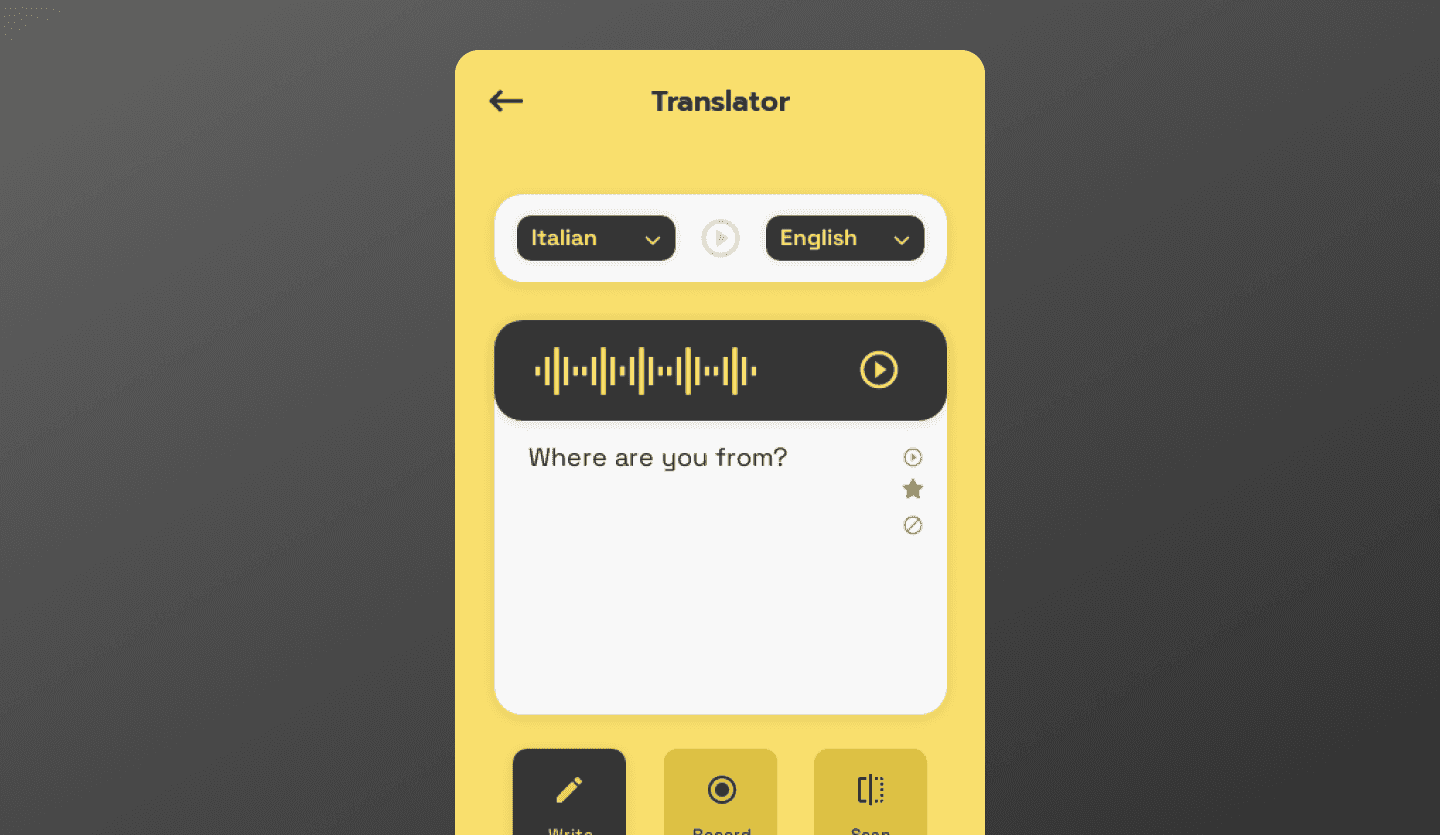 User interface screen showing reading, writing, speech practice