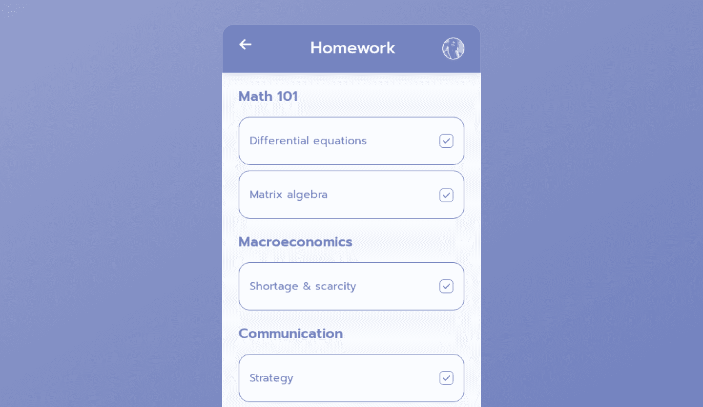 Homework tracker screens