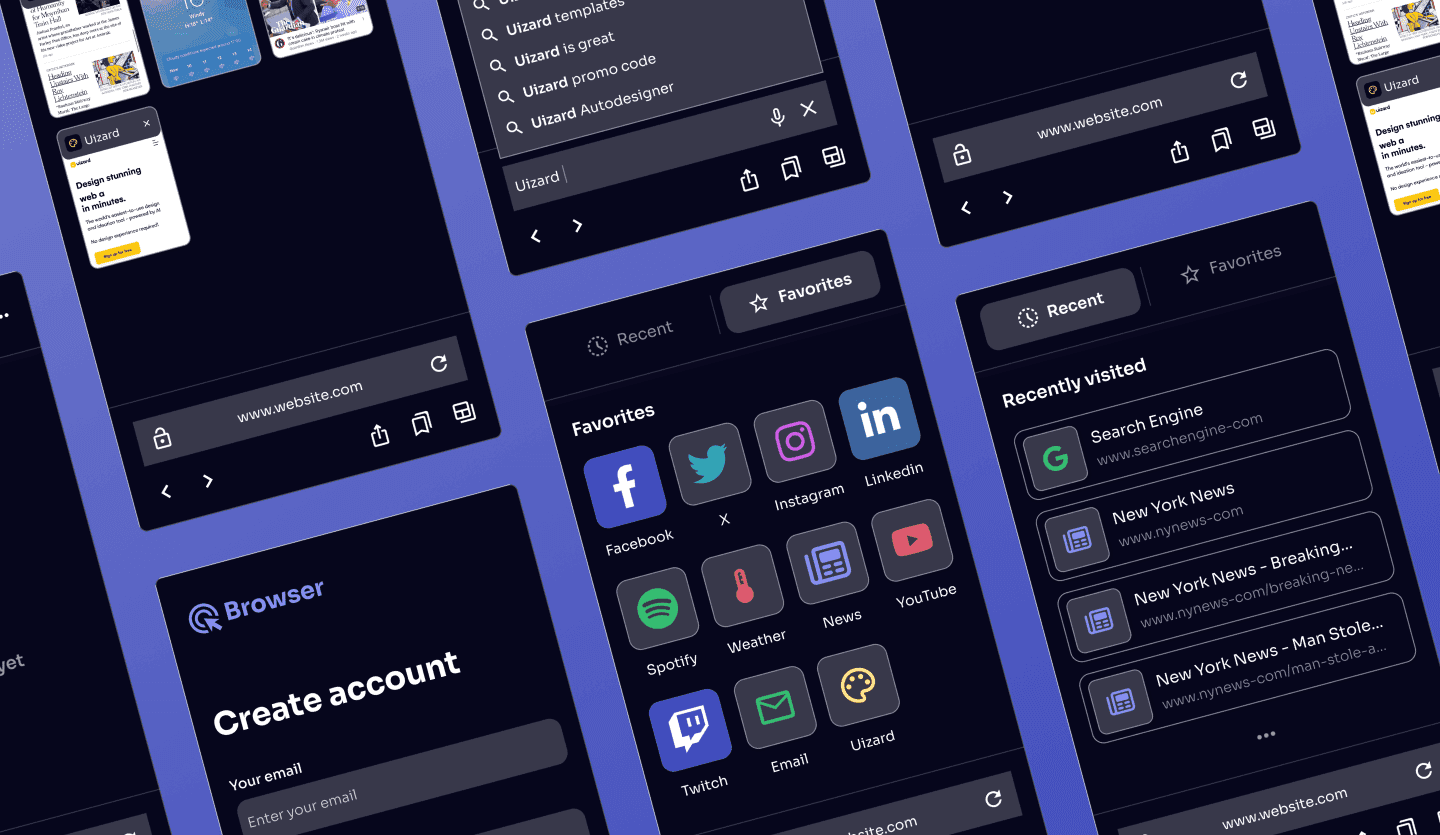 Internet browser dark mode app UI design template summary