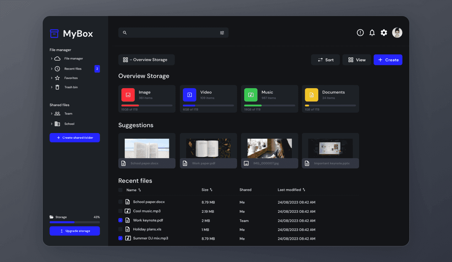 File management dark mode web app template dashboard screen