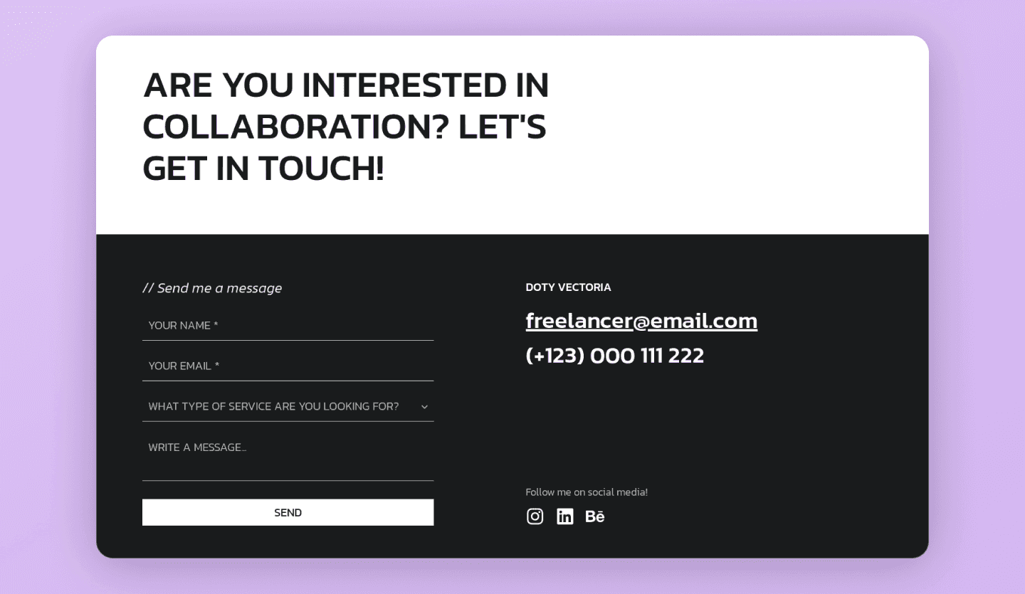 Freelance portfolio example contact page