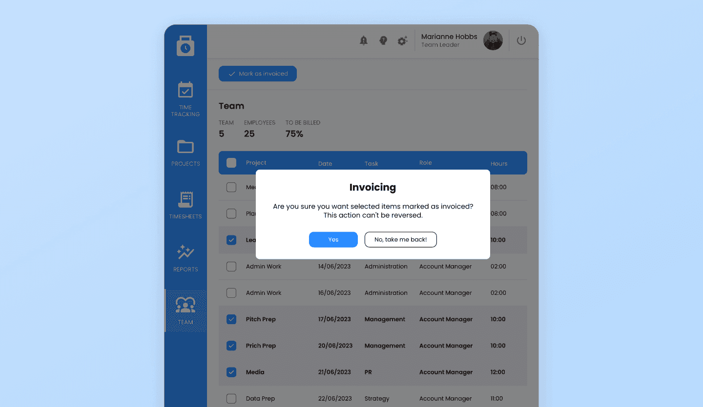 Employee time tracking tablet app design invoicing page