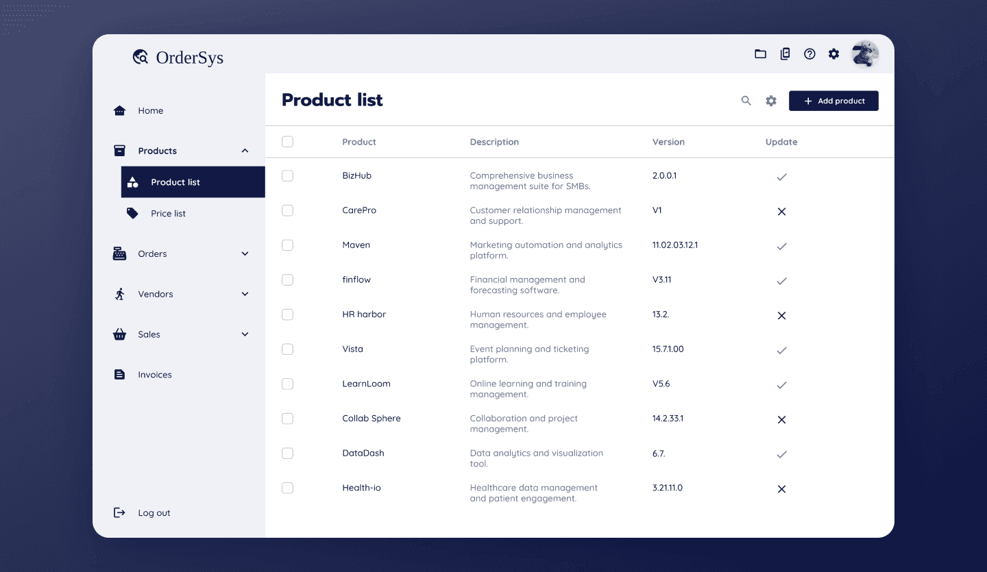 Purchase order management web app UI template list screen