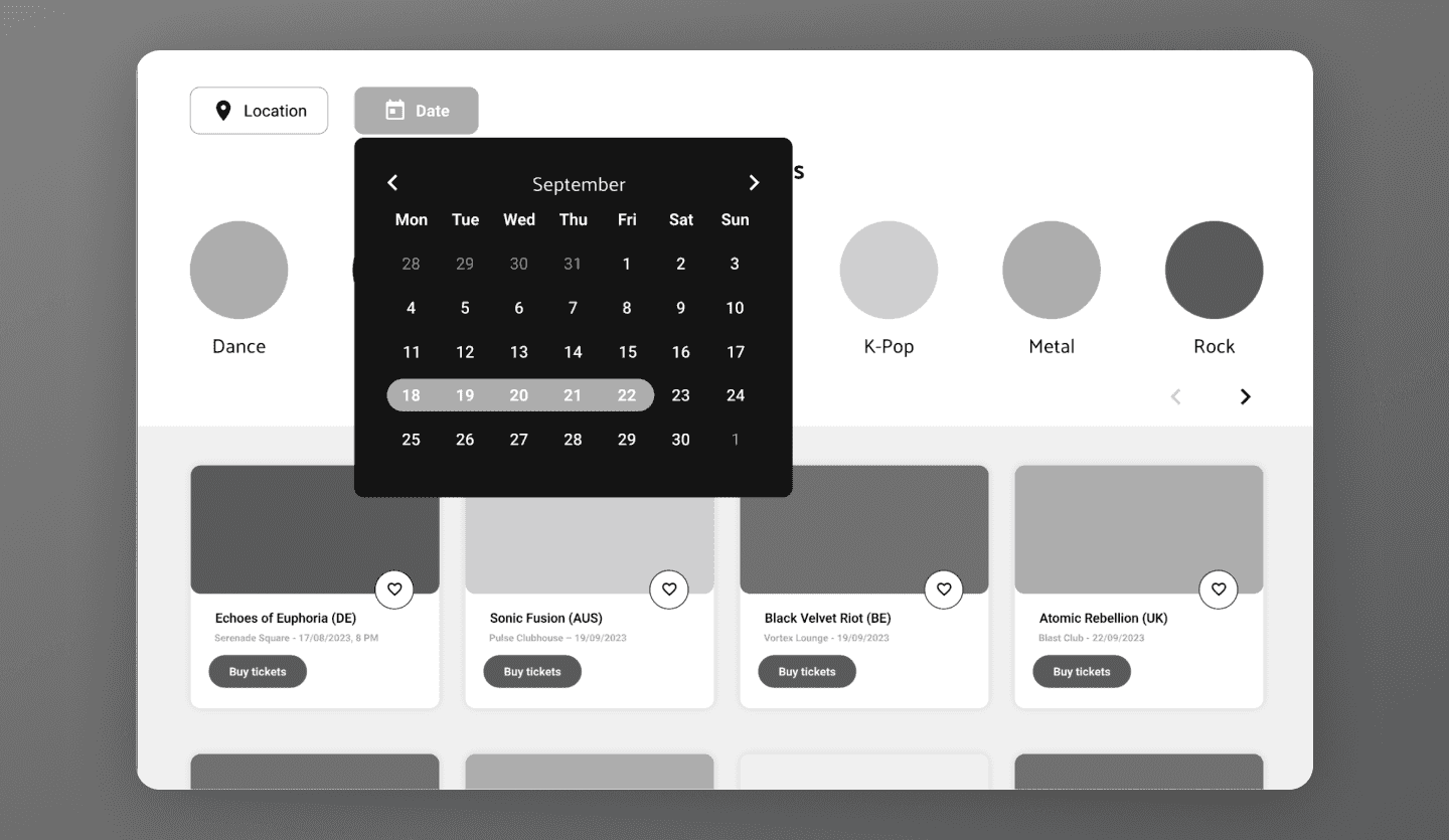 Ticket booking website wireframe design calendar page