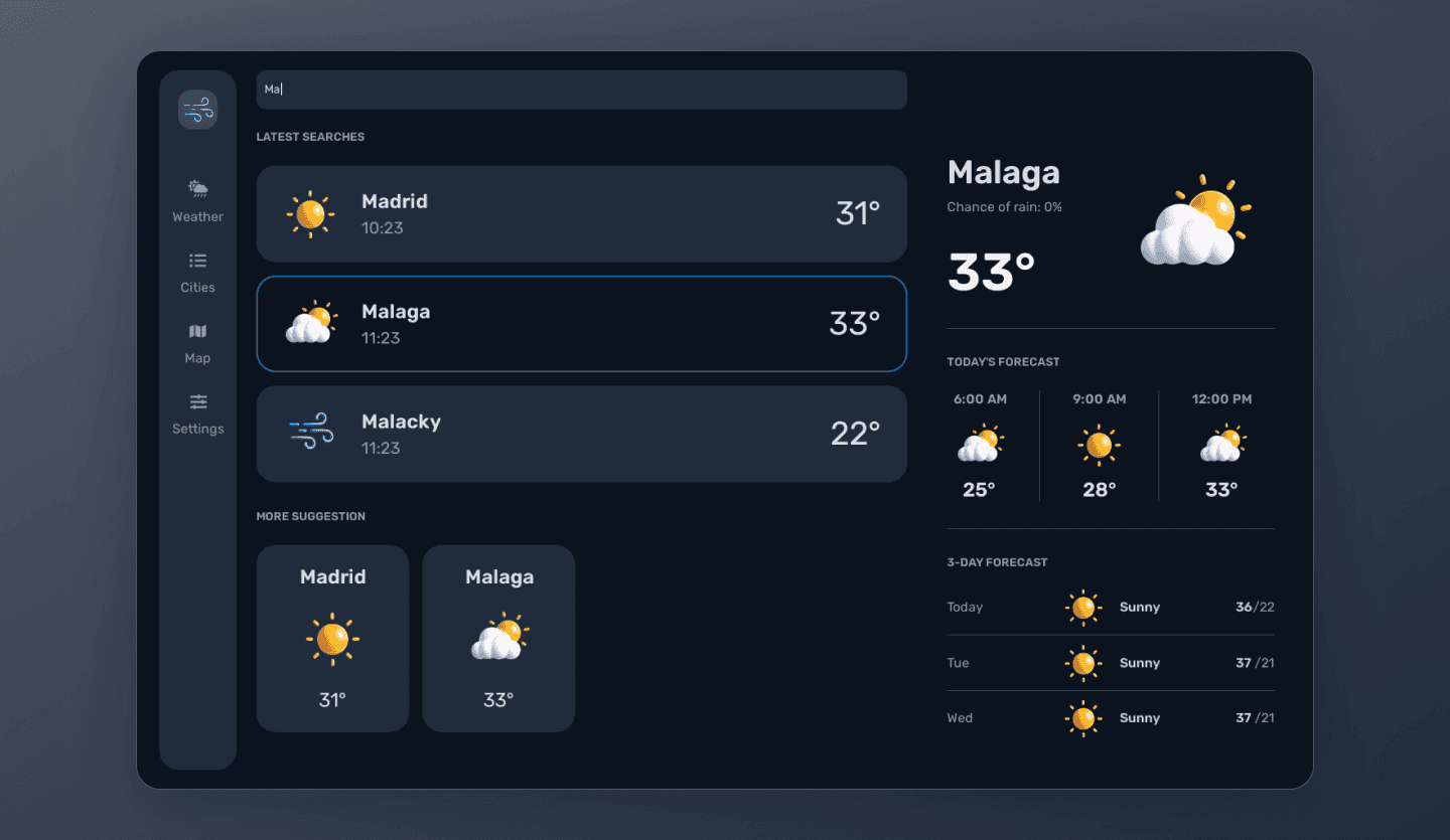 weather web app design template dark mode search screen