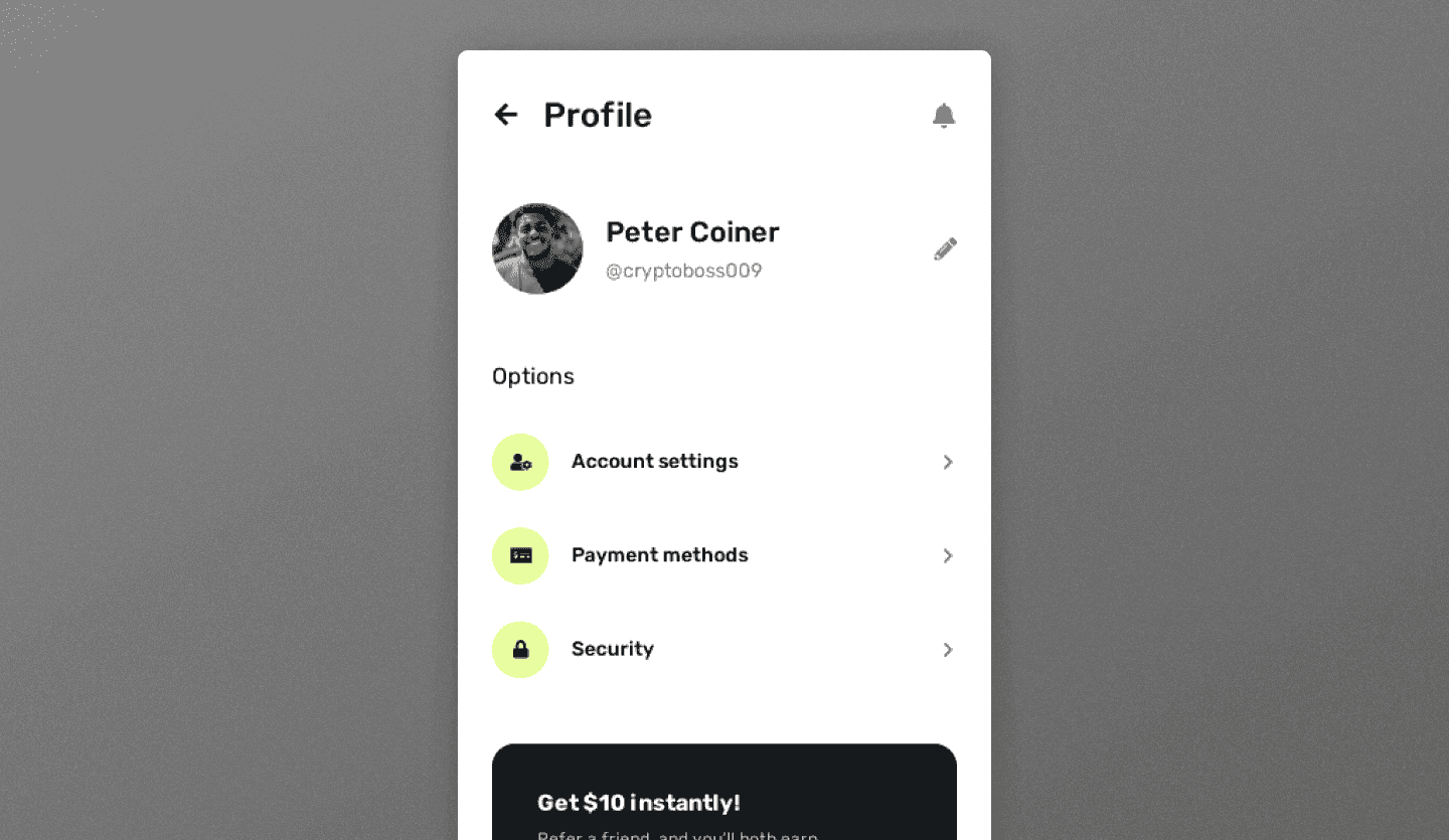 Screenshot of Crypto NFT Mobile App: user profile screen