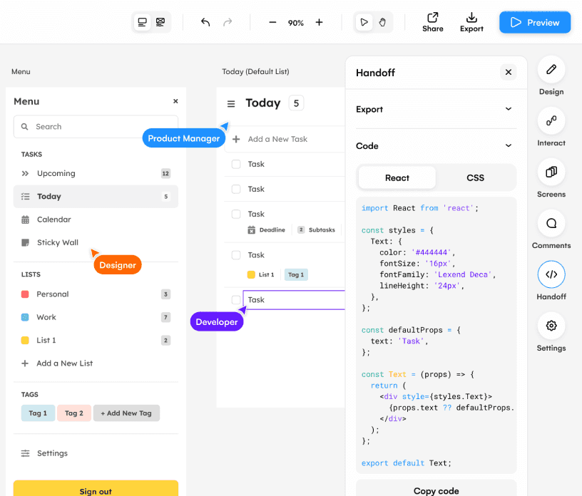 uizard interface showing users interaction with the handoff feature