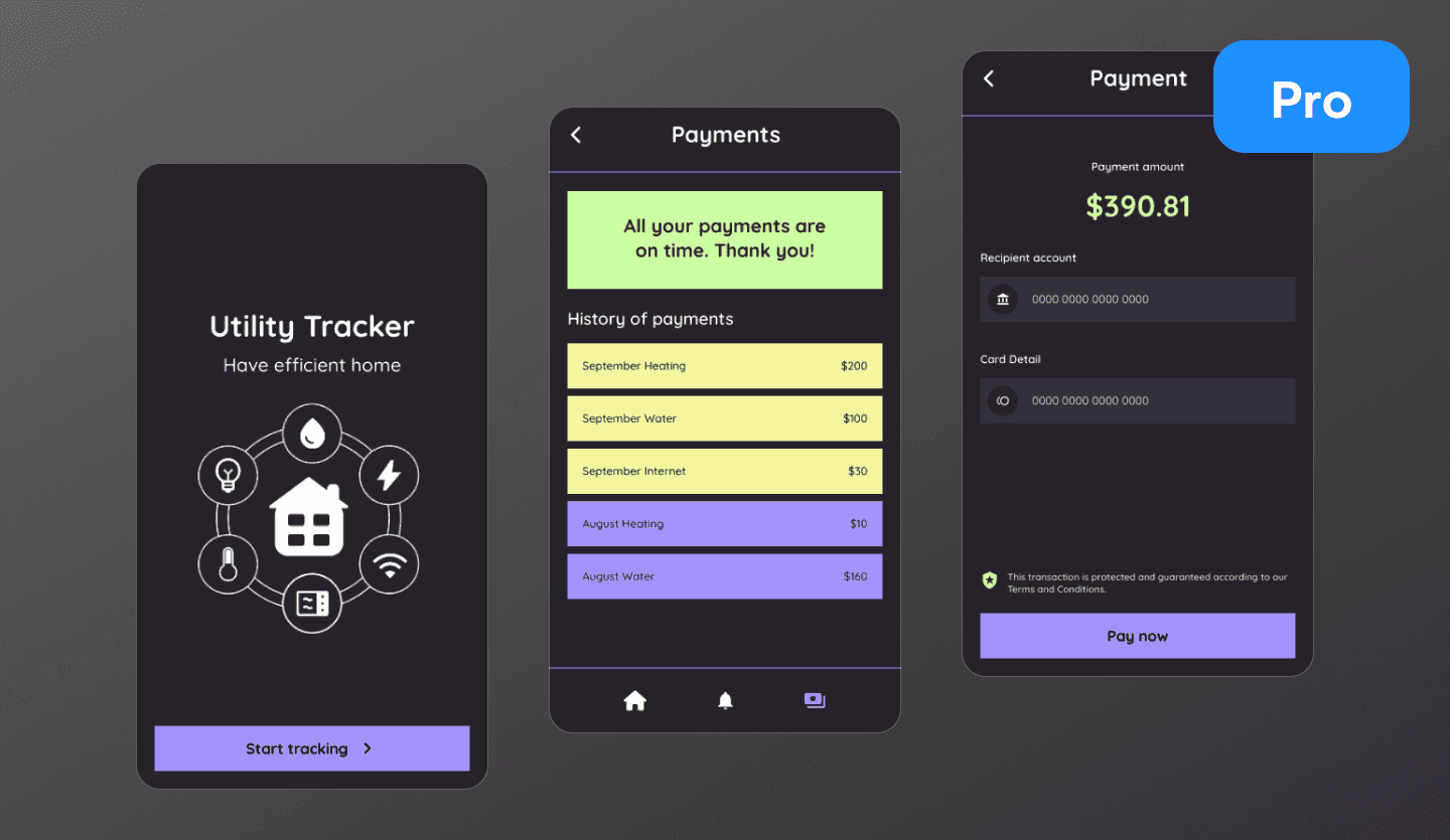 Utility tracker dark mode app UI design template