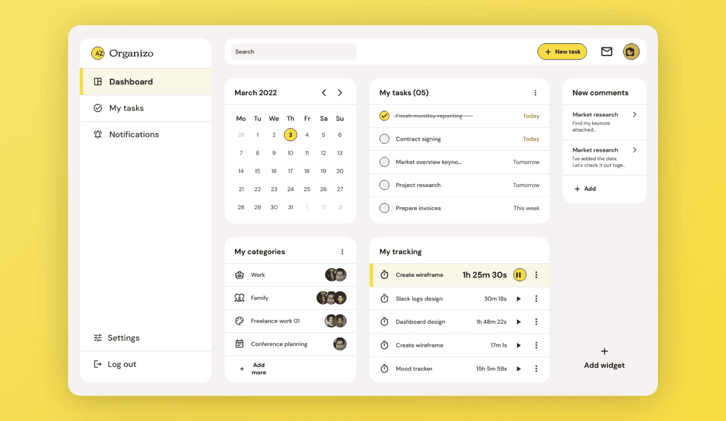 Task management web app UI template dashboard screen