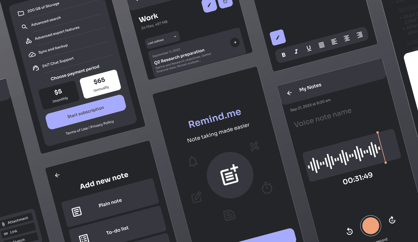 Dark mode note taking app UI design summary