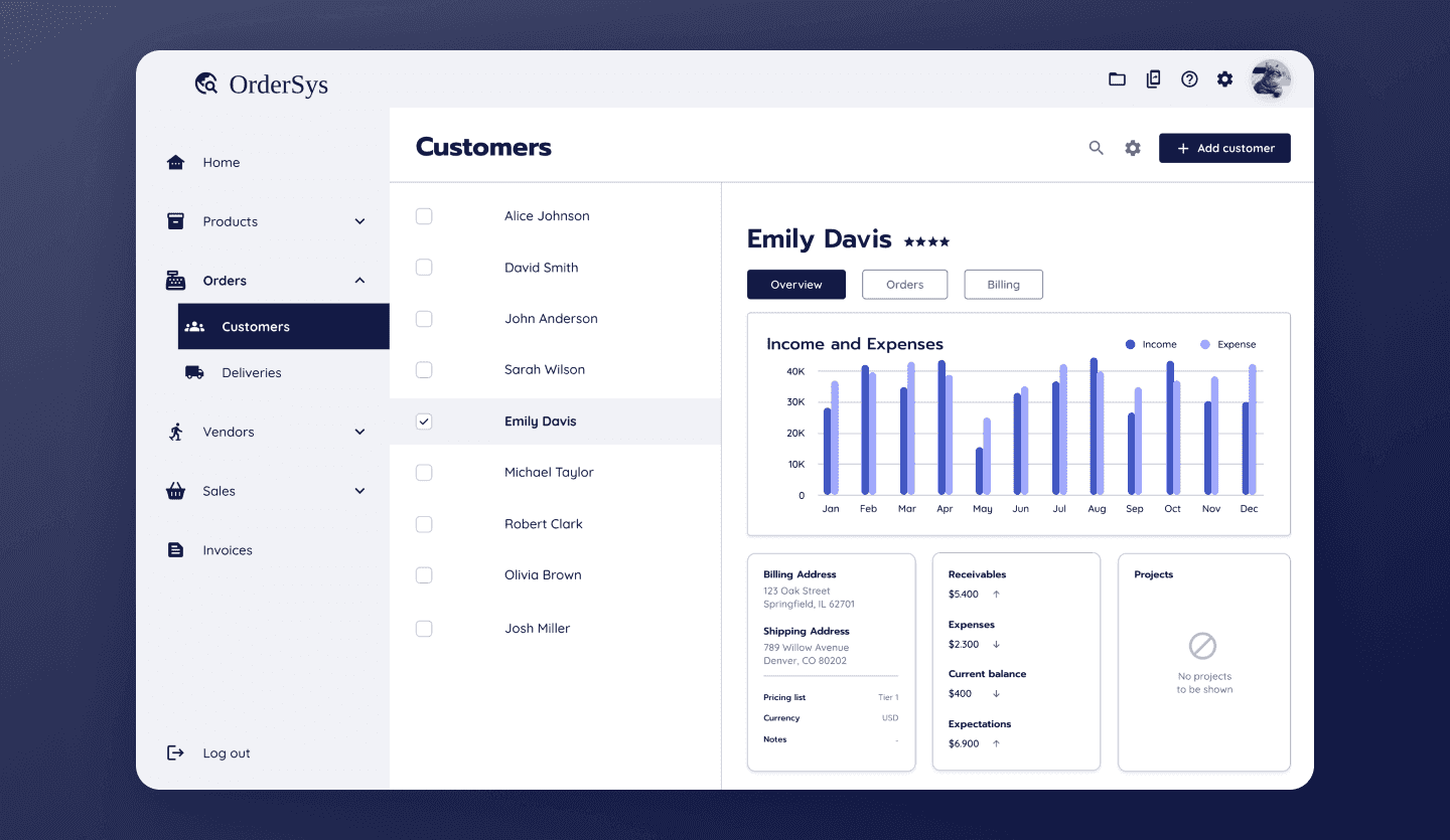 Purchase order management web app UI template customers screen