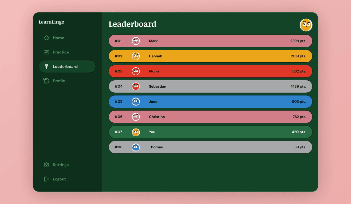 Language learning web app UI template leaderboard screen