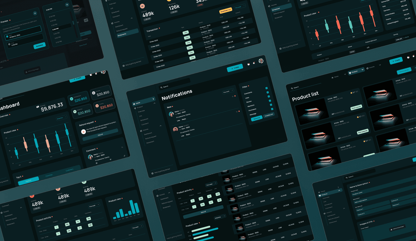 E-commerce dashboard dark mode web app template list screen