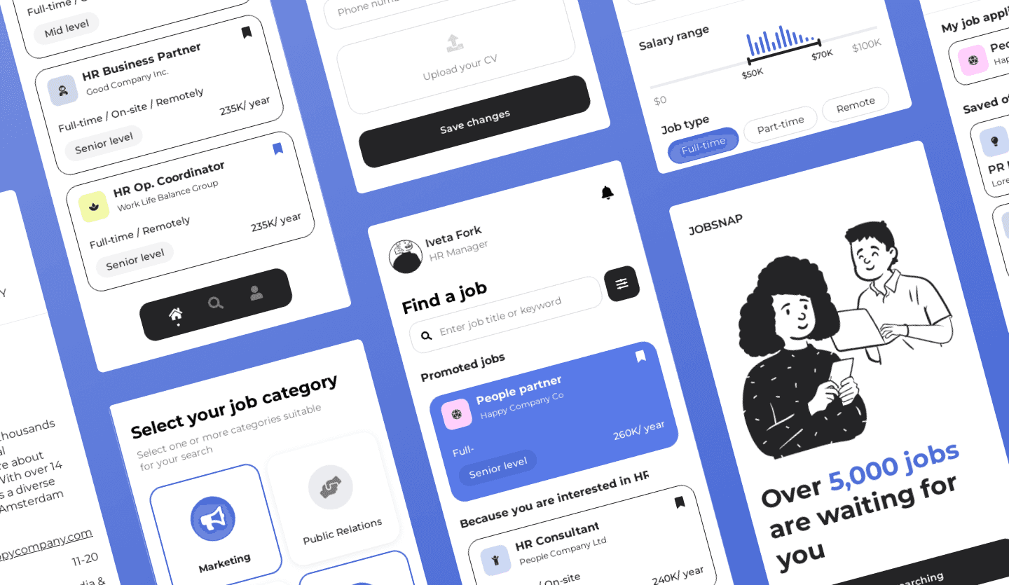 Job finder app UI design overview screens