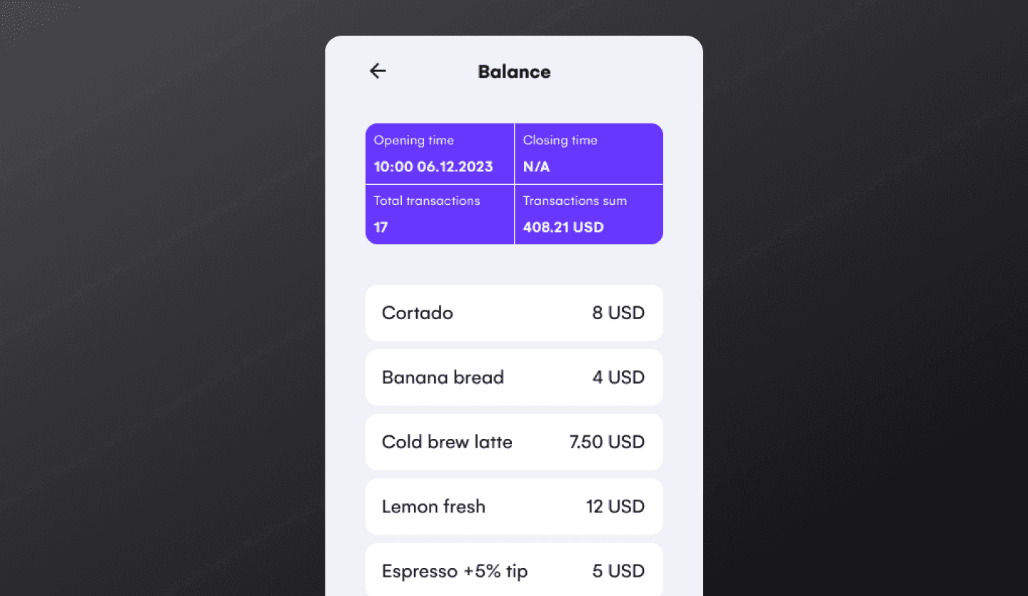 Smart POS terminal app UI design template balance screen